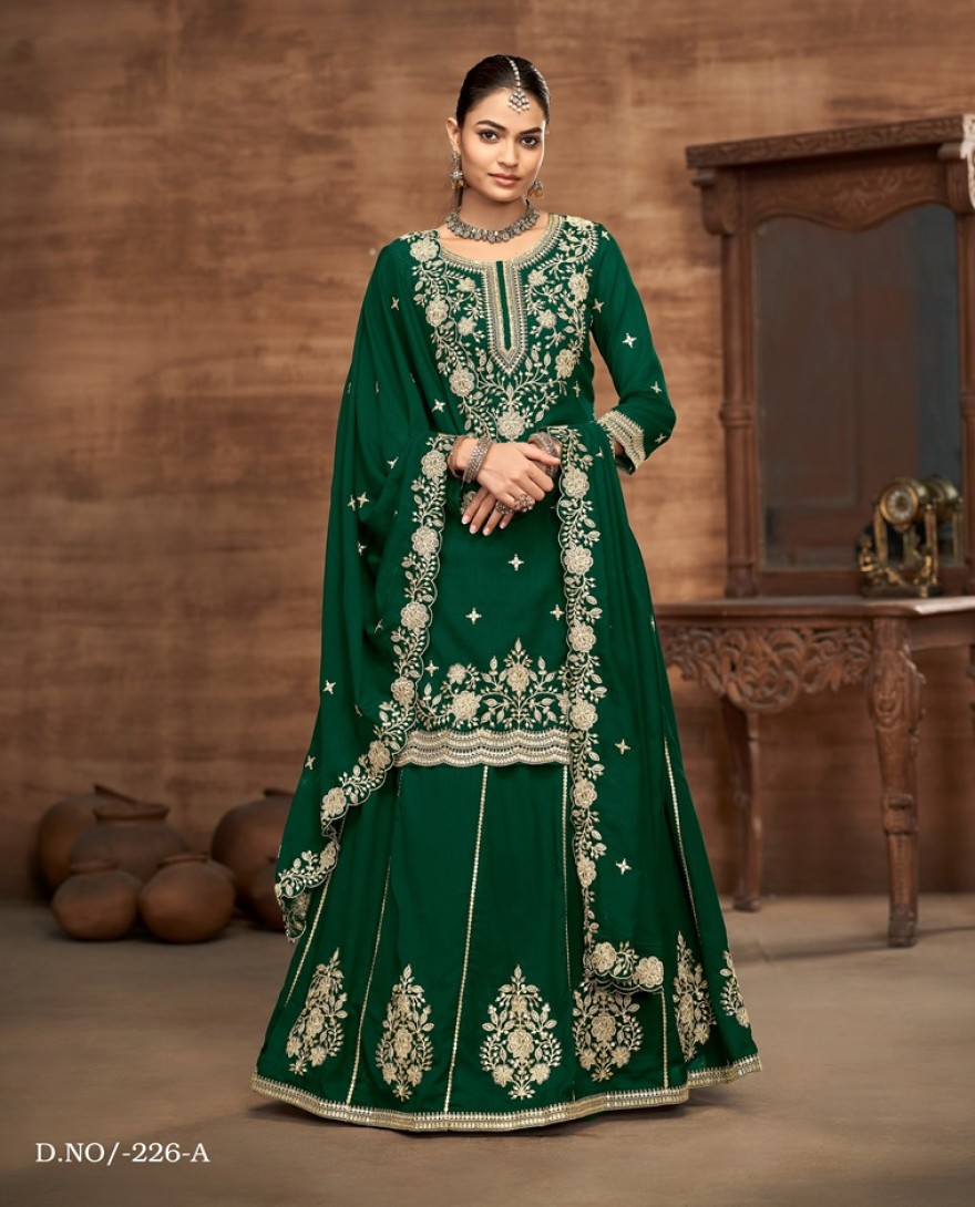 226-green  - Green Embroidered Traditional Sharara Style Suit.